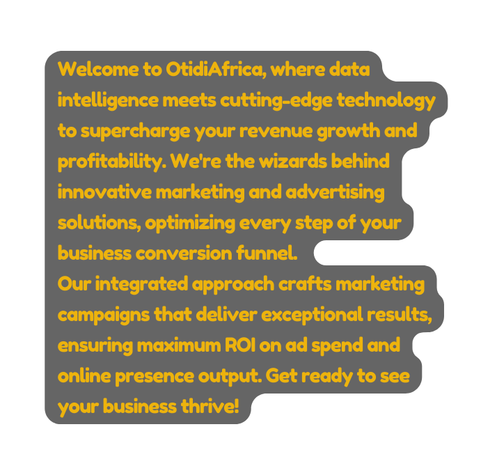 Welcome to OtidiAfrica where data intelligence meets cutting edge technology to supercharge your revenue growth and profitability We re the wizards behind innovative marketing and advertising solutions optimizing every step of your business conversion funnel Our integrated approach crafts marketing campaigns that deliver exceptional results ensuring maximum ROI on ad spend and online presence output Get ready to see your business thrive